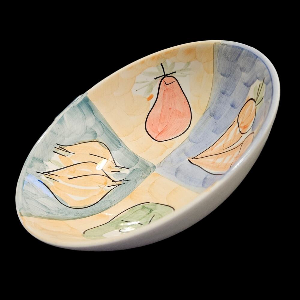 Hand Painted Fruit Ceramic Serving Bowl Pear Apple Peach Country Kitchen